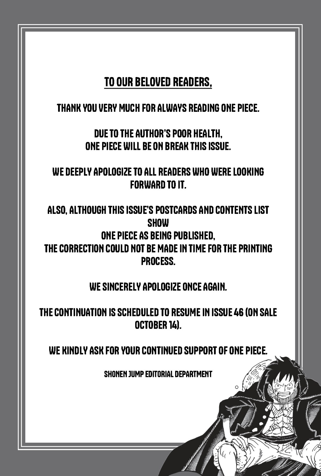 Eiichiro Oda's Bad Health