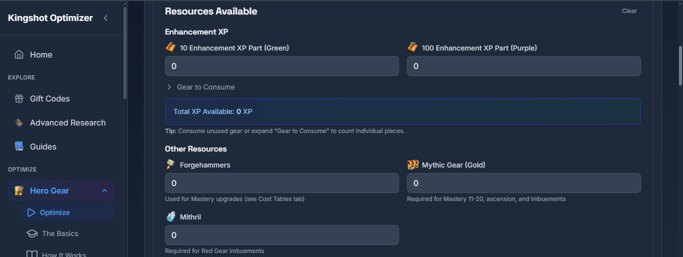 Kingshot Gear Optimizer Available Resources