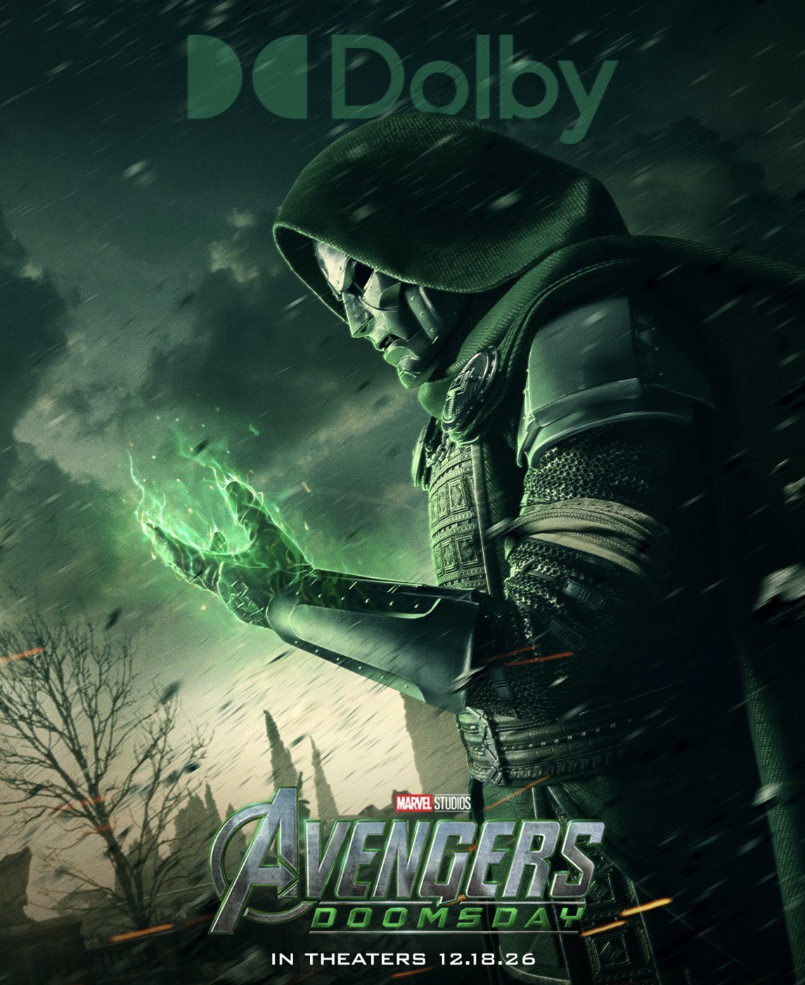 A Dolby Cinema Poster Showing Doctor Doom Using Green Energy